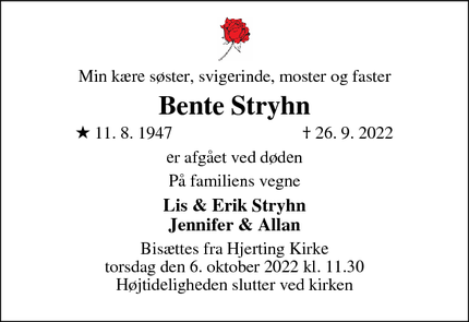 Dødsannoncen for Bente Stryhn - Esbjerg V