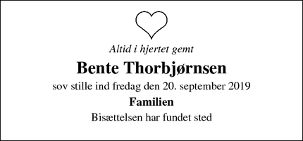 Dødsannoncen for Bente Thorbjørnsen - Charlottenlund
