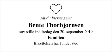 Dødsannoncen for Bente Thorbjørnsen - Charlottenlund