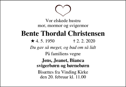 Dødsannoncen for Bente Thordal Christensen - 7100 Vejle
