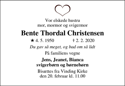 Dødsannoncen for Bente Thordal Christensen - 7100 Vejle
