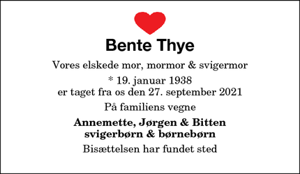 Dødsannoncen for Bente Thye - Gedesby Strand