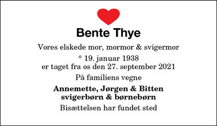 Dødsannoncen for Bente Thye - Gedesby Strand
