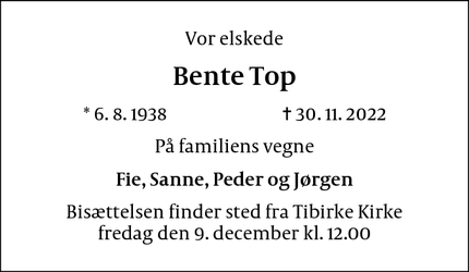 Dødsannoncen for Bente Top - Sletelte