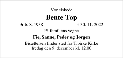 Dødsannoncen for Bente Top - Sletelte