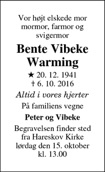 Dødsannoncen for Bente Vibeke Warming - Hareskovby