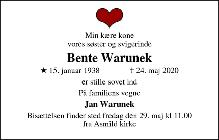 Dødsannoncen for Bente Warunek - Viborg