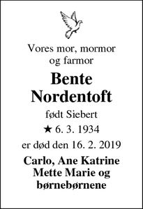 Dødsannoncen for Bente
Nordentoft - Havdrup