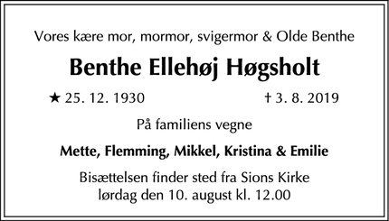 Dødsannoncen for Benthe Ellehøj Høgsholt - København Ø