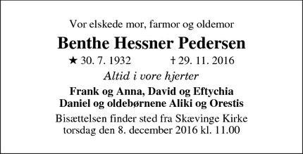 Dødsannoncen for Benthe Hessner Pedersen - Skævinge, Danmark