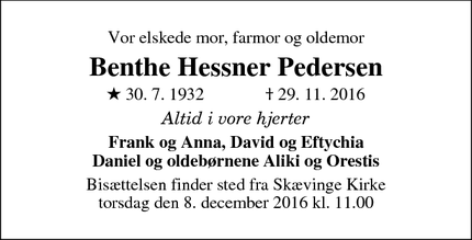 Dødsannoncen for Benthe Hessner Pedersen - Skævinge, Danmark