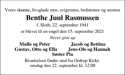 Dødsannoncen for Benthe Juul Rasmussen - Hellerup
