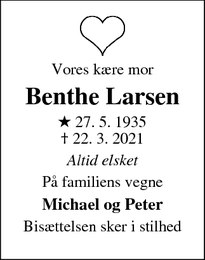 Dødsannoncen for Benthe Larsen - Liseleje
