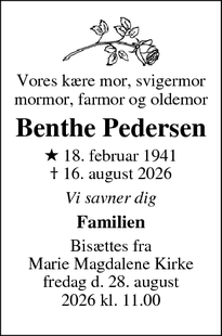 Dødsannoncen for Benthe Pedersen - Ryomgård