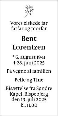 Dødsannoncen for Bent
Lorentzen - København