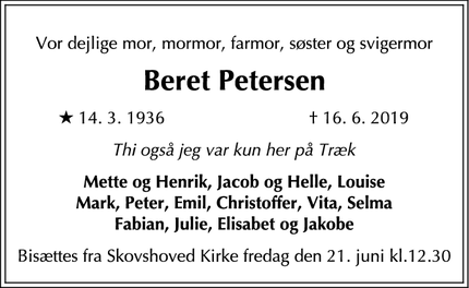 Dødsannoncen for Beret Petersen - Gentofte