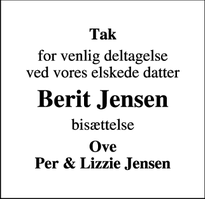 Dødsannoncen for Berit Jensen - Værløse