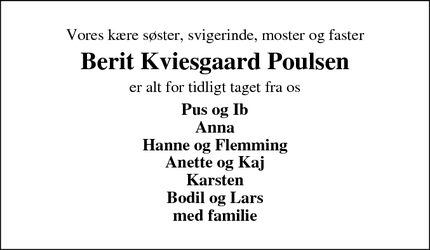 Dødsannoncen for Berit Kviesgaard Poulsen - Spjald