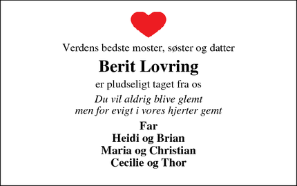 Dødsannoncen for Berit Lovring - Hammel 