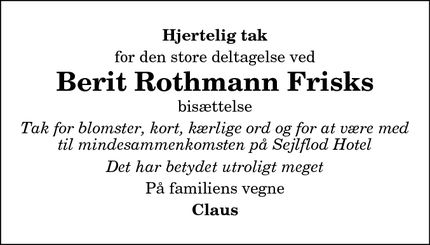 Taksigelsen for Berit Rothmann Frisk - Vestbjerg