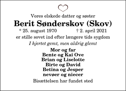 Dødsannoncen for Berit Sønderskov (Skov) - Snoghøj, Fredericia 