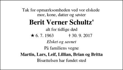 Dødsannoncen for Berit Verner Schultz' - Slagelse