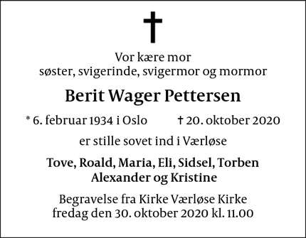 Dødsannoncen for Berit Wager Pettersen - Værløse