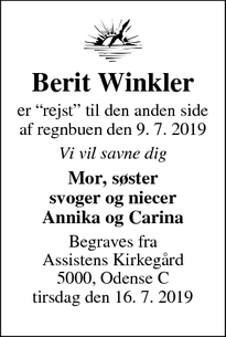 Dødsannoncen for Berit Winkler - Odense