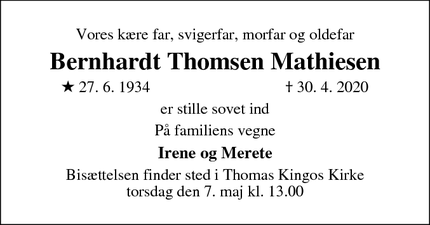 Dødsannoncen for Bernhardt Thomsen Mathiesen - Odense