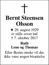 Dødsannoncen for Bernt Steensen Olsson - Tjørnede