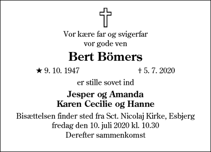 Dødsannoncen for Bert Bömers - Esbjerg