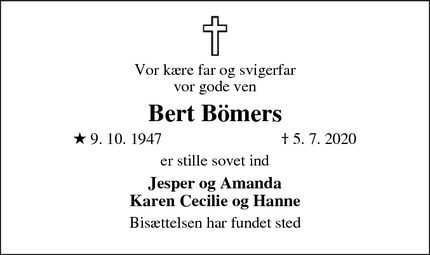 Dødsannoncen for Bert Bömers - Esbjerg