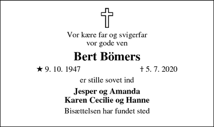 Dødsannoncen for Bert Bömers - Esbjerg