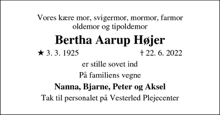 Dødsannoncen for Bertha Aarup Højer - Kolding