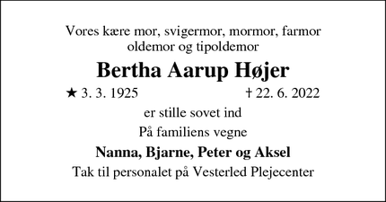 Dødsannoncen for Bertha Aarup Højer - Kolding