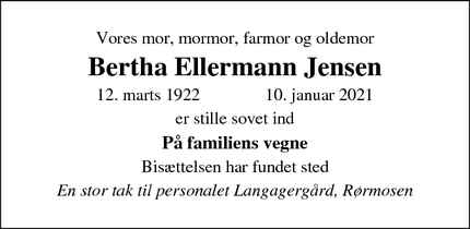 Dødsannoncen for Bertha Ellermann Jensen - Greve