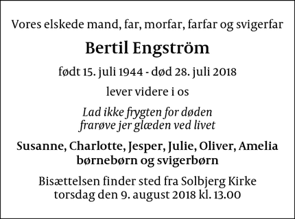 Dødsannoncen for Bertil Engström - Frederiksberg C