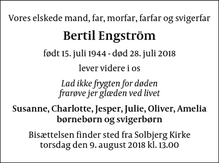 Dødsannoncen for Bertil Engström - Frederiksberg C