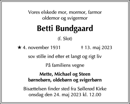 Dødsannoncen for Betti Bundgaard - Nærum