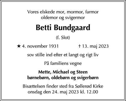 Dødsannoncen for Betti Bundgaard - Nærum
