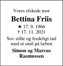 Dødsannoncen for Bettina Friis - Assens 