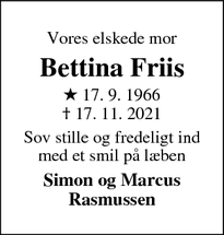 Dødsannoncen for Bettina Friis - Assens 