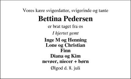 Dødsannoncen for Bettina Pedersen - Ølgod
