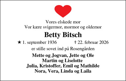 Dødsannoncen for Betty Bitsch - Vejle