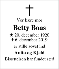Dødsannoncen for Betty Boas - Helsingør
