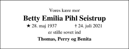 Dødsannoncen for Betty Emilia Pihl Seistrup - Hørsholm