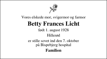 Dødsannoncen for Betty Frances Licht - Hillerød