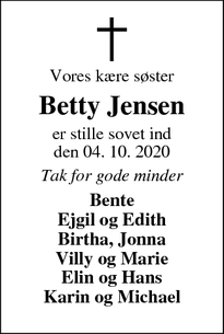 Dødsannoncen for Betty Jensen - Ikast