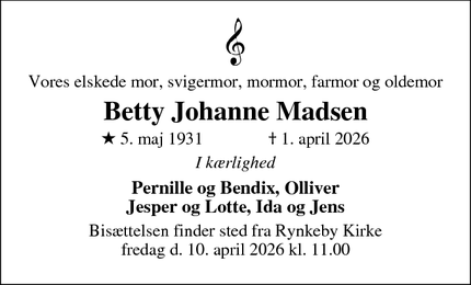 Dødsannoncen for Betty Johanne Madsen - Odense