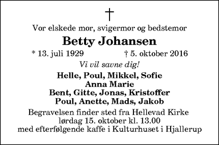 Dødsannoncen for Betty Johansen - Dronninglund
